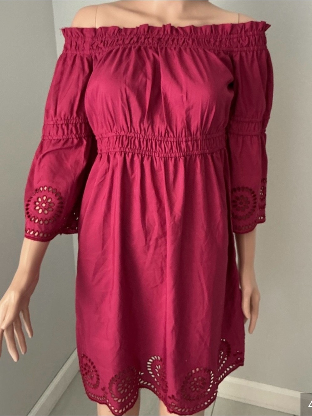VENUS Berry Off-Shoulder Eyelet Dress